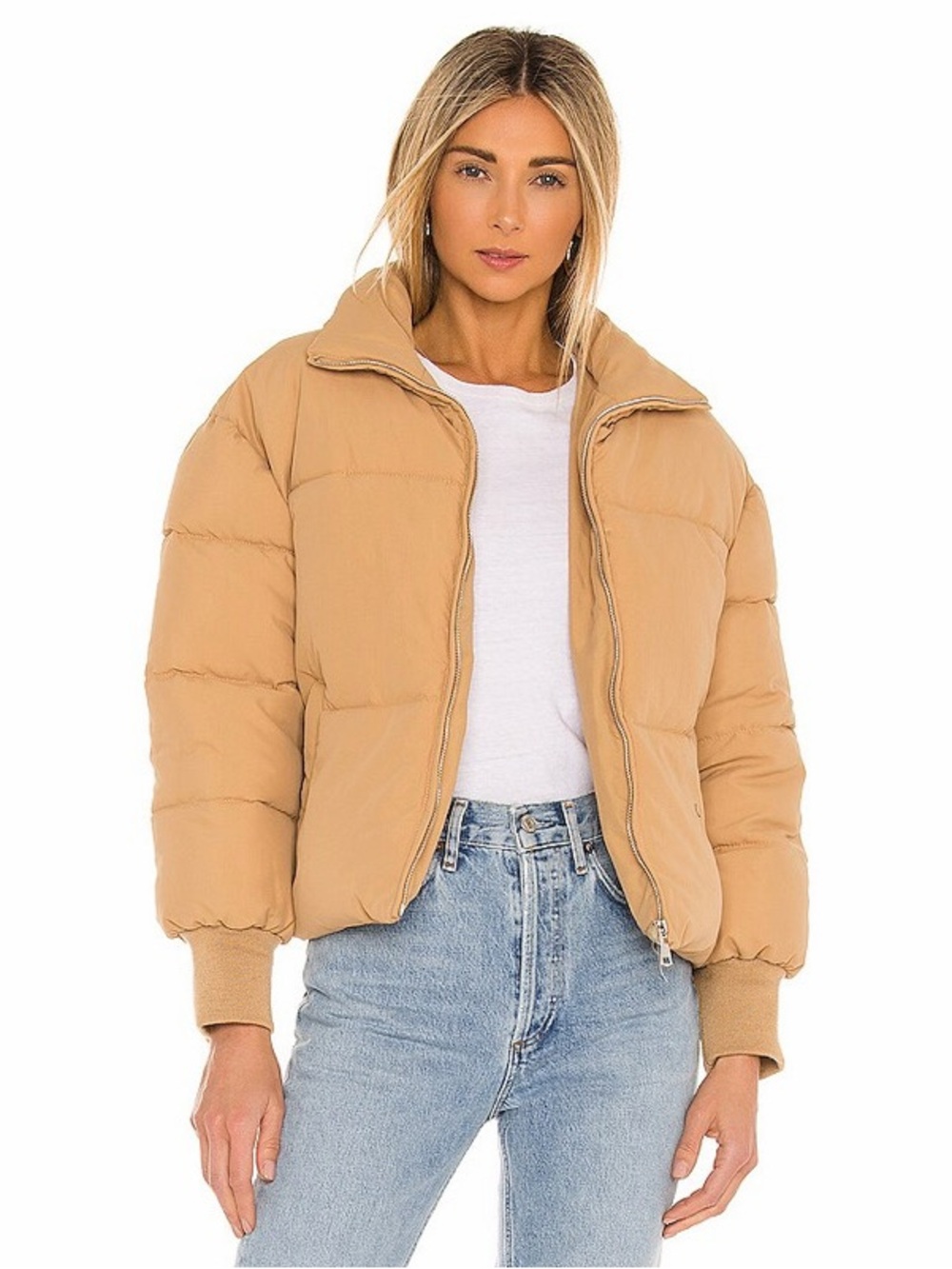 Lovers & Friends Revolve Jillian Puffer Jacket Nude Full Zip Womens Size L